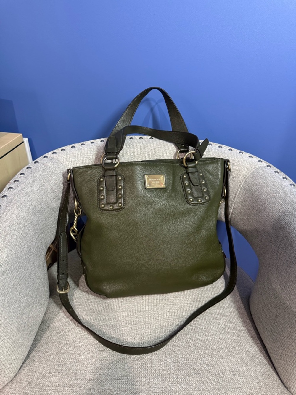Michael Kors Olive Green Leather Shoulder Tote with Stud Accents - Picture 2 of 9